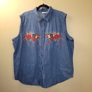 Bobbie Brooks‎ Women Denim Embroiderd Christmas Button Down Vest SZ 18/20